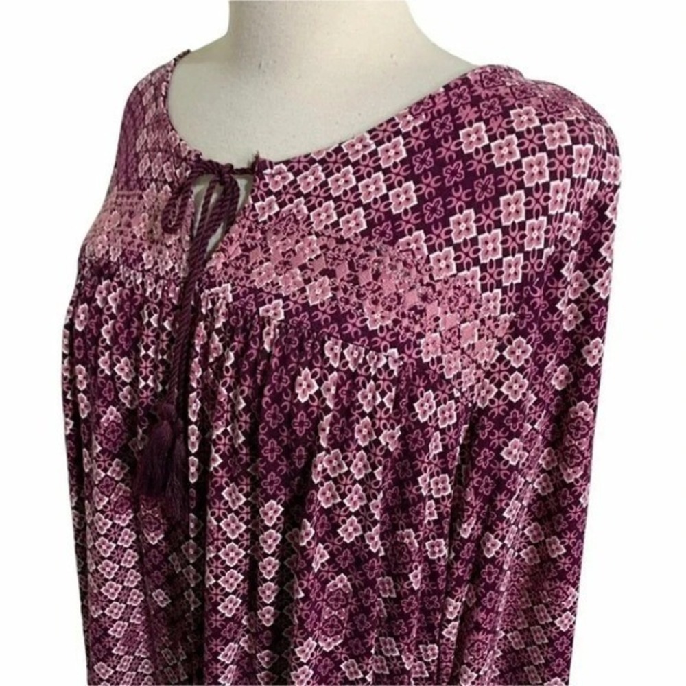 Style & Co Blouse Medium Purple Boho Geometric Tassel Split Neck Bell Sleeve